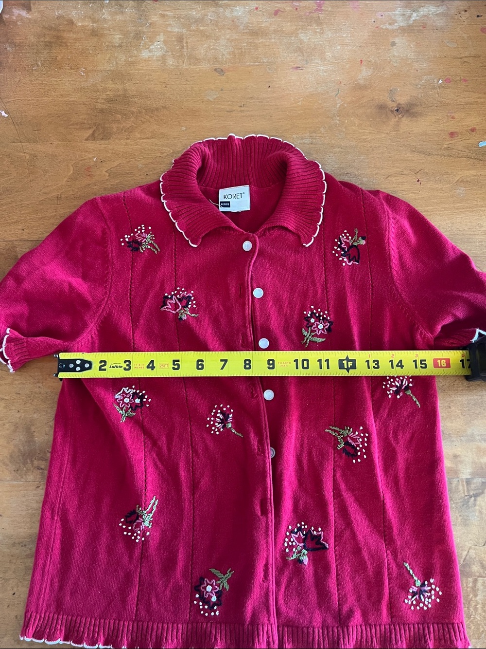 Koret Red Short-Sleeve Embroidered Cardigan with Scalloped Trim - Picture 9 of 11